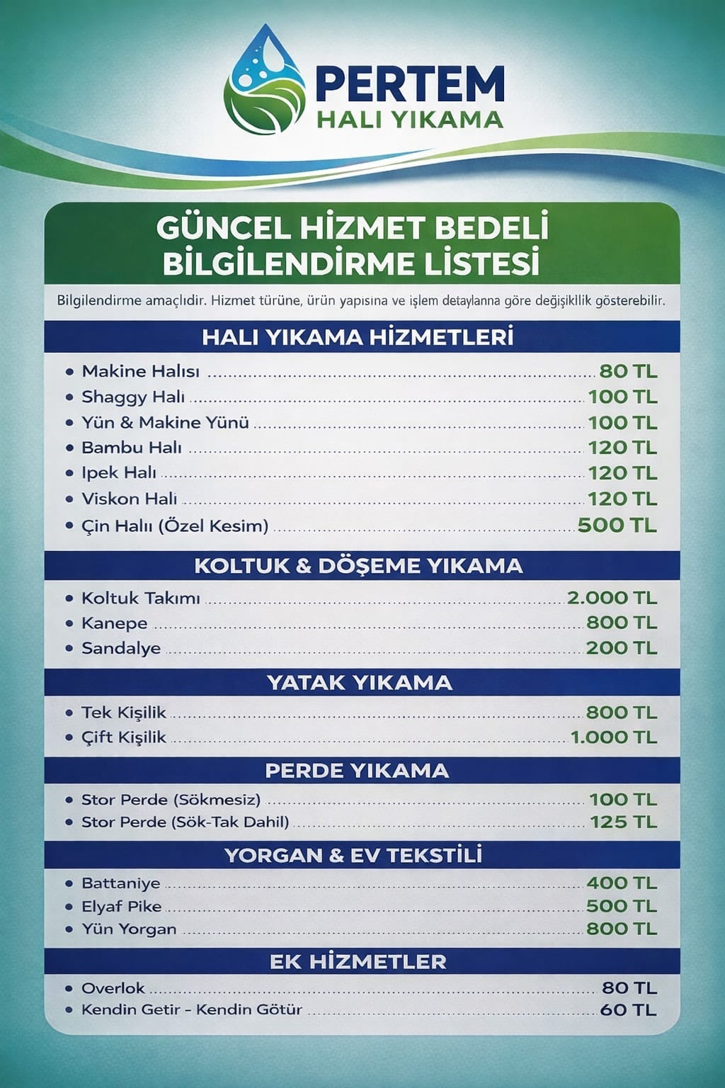 Malatya halı yıkama fiyat listesi 2026 Pertem